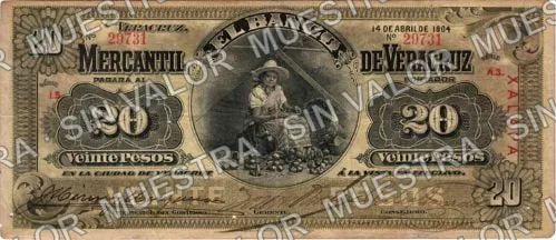 20 pesos, Banco Mercantil de Veracruz (M531), M531d $20 overprinted 'XALAPA', anverso
