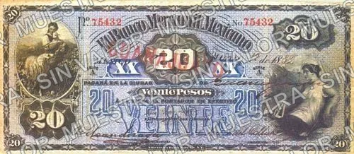 20 pesos, Banco Mercantil Mexicano (M285), M285b $20 Banco Mercantil Mexicano overprinted 'GUANAJUATO', anverso