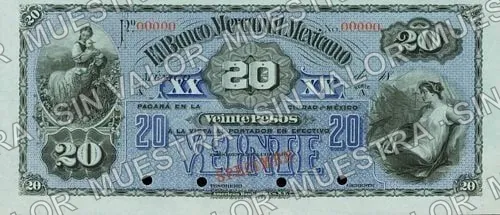20 pesos, Banco Mercantil Mexicano (M285), M285s $20 Banco Mercantil Mexicano specimen, anverso