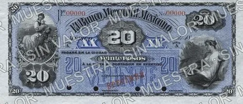 20 pesos, Banco Mercantil Mexicano (M285), M285s $20 Banco Mercantil Mexicano specimen, anverso