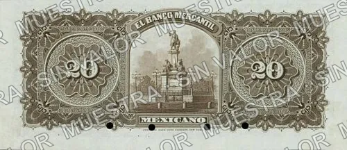 20 pesos, Banco Mercantil Mexicano (M285), M285s $20 Banco Mercantil Mexicano specimen, reverso