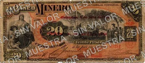 20 pesos, Banco Minero (M135), anverso (M135d $20 revalidated on 23 March 1908)