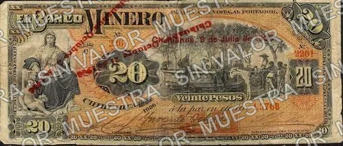 20 pesos, Banco Minero (M135), anverso (M135d $20 revalidated (rather enthusiastically) on 21 October 1908)