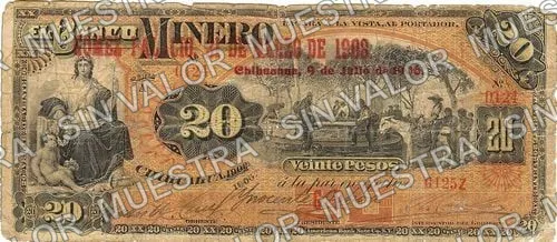 20 pesos, Banco Minero (M135), anverso (M135e $20 revalidated in the Gómez Palacio branch, 21 March 1908)