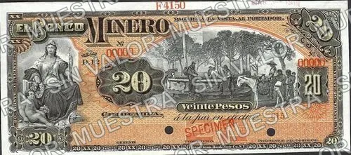 20 pesos, Banco Minero (M135), M135s $20 Banco Minero specimen, anverso