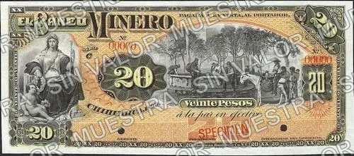 20 pesos, Banco Minero (M135), M135s $20 Banco Minero specimen, anverso