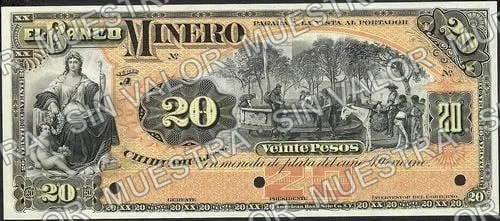 20 pesos, Banco Minero (M135), M135s $20 Banco Minero specimen, anverso