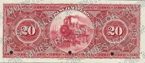 20 pesos, Banco Minero (M135), M135s $20 Banco Minero specimen, reverso