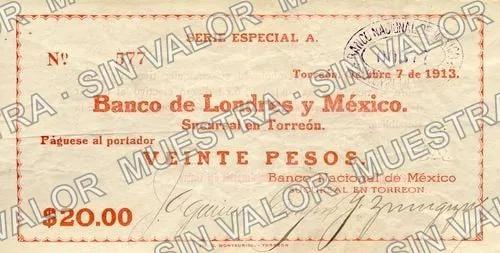 20 pesos, Banco Nacional de México (M1050), anverso