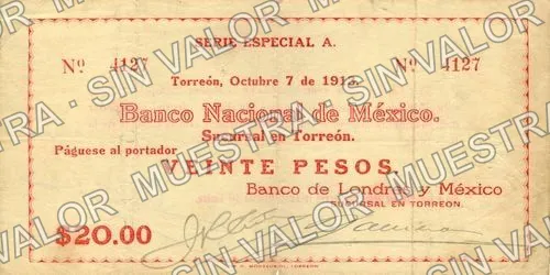 20 pesos, Banco Nacional de México (M1050), anverso (M1050a $20 Banco de Londres y México)