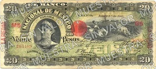 20 pesos, Banco Nacional de México (M300), anverso (M300aa $20 overprinted 'LA PIEDAD')