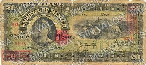 20 pesos, Banco Nacional de México (M300), anverso (M300ac $20 overprinted 'PAGADERO EN MAZATLAN' and needlepunched 'MAZATLAN')