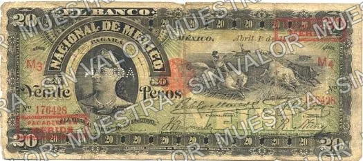 20 pesos, Banco Nacional de México (M300), anverso (M300ad $20 overprinted 'PAGADERO EN MERIDA' and needlepunched 'MERIDA')