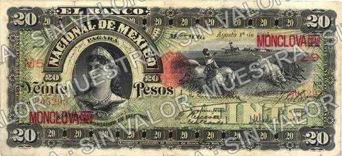 20 pesos, Banco Nacional de México (M300), anverso (M300ag $20 overprinted 'MONCLOVA, COAH')