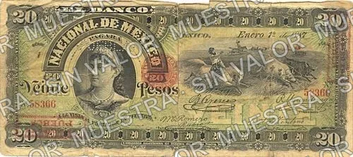 20 pesos, Banco Nacional de México (M300), M300am $20 overprinted 'PAGADERO EN PUEBLA' and needlepunched 'PUEBLA', anverso