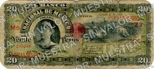 20 pesos, Banco Nacional de México (M300), anverso (M300ao $20 overprinted 'PURUANDIRO')