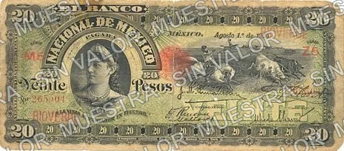 20 pesos, Banco Nacional de México (M300), anverso (M300aq $20 overprinted 'RIOVERDE')