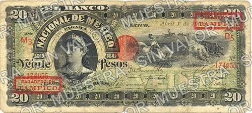 20 pesos, Banco Nacional de México (M300), M300av $20 overprinted 'PAGADERO EN TAMPICO', anverso