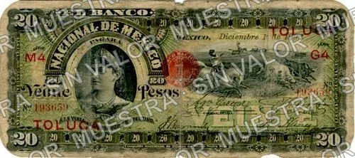 20 pesos, Banco Nacional de México (M300), anverso (M300az1 $20 overprinted 'TOLUCA')