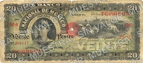 20 pesos, Banco Nacional de México (M300), anverso (M300ba $20 overprinted 'TORREON')