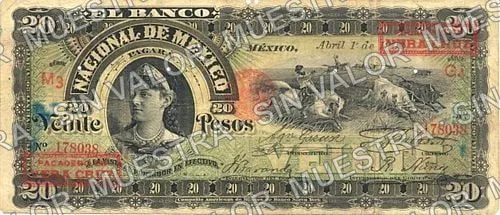 20 pesos, Banco Nacional de México (M300), anverso (M300bf $20 overprinted 'PAGADERO EN VERA CRUZ')
