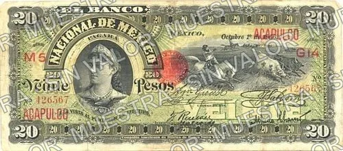 20 pesos, Banco Nacional de México (M300), anverso (M300e $20 overprinted 'ACAPULCO')