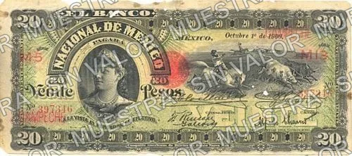 20 pesos, Banco Nacional de México (M300), anverso (M300i $20 overprinted 'CAMPECHE')