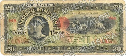 20 pesos, Banco Nacional de México (M300), M300j $20 overprinted 'C. GUZMAN JAL', anverso