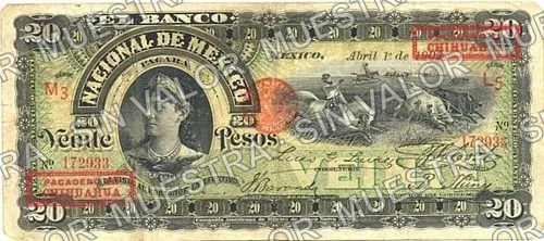 20 pesos, Banco Nacional de México (M300), anverso (M300k $20 overprinted 'PAGADERO EN CHIHUAHUA')
