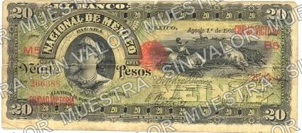 20 pesos, Banco Nacional de México (M300), anverso (M300m $20 overprinted 'CIUDAD VICTORIA')