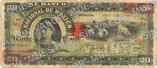 20 pesos, Banco Nacional de México (M300), anverso (M300n $20 overprinted 'PAGADERO EN COLIMA')