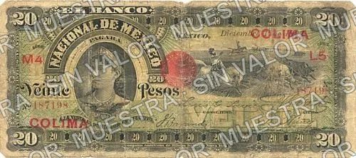 20 pesos, Banco Nacional de México (M300), M300n $20 overprinted 'COLIMA', anverso