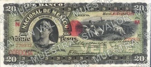 20 pesos, Banco Nacional de México (M300), anverso (M300o $20 overprinted 'CORDOBA')