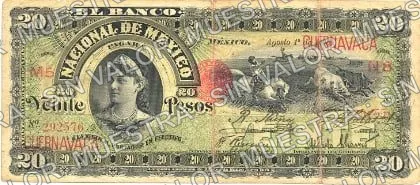 20 pesos, Banco Nacional de México (M300), anverso (M300q $20 overprinted 'CUERNAVACA')