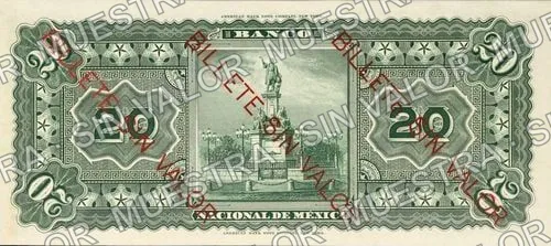 20 pesos, Banco Nacional de México (M300), reverso (M300r $20 'BILLETE SIN VALOR')