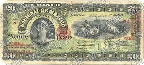 20 pesos, Banco Nacional de México (M300), anverso (M300t $20 overprinted 'PAGADERO EN DURANGO' and needlepunched 'DURANGO')