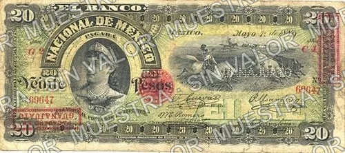 20 pesos, Banco Nacional de México (M300), anverso (M300v $20 overprinted 'PAGADERO EN GUANAJUATO' and needlepunched 'GUANAJUATO')