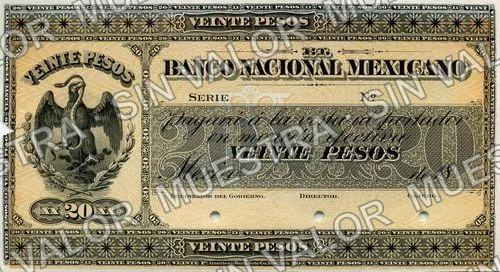 20 pesos, Banco Nacional Mexicano (M311), M311s $20 Banco Nacional Mexicano specimen, anverso