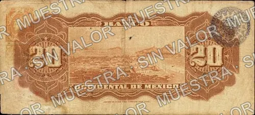 20 pesos, Banco Occidental de México (M497), M497a $20 Banco Occidental de México, reverso