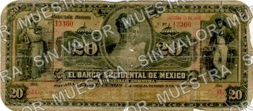 20 pesos, Banco Occidental de México (M497), M497c $20 overprinted 'PAGADERO EN COLIMA', anverso