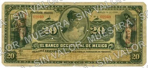 20 pesos, Banco Occidental de México (M497), M497d $20 overprinted 'PAGADERO EN GUAYMAS', anverso