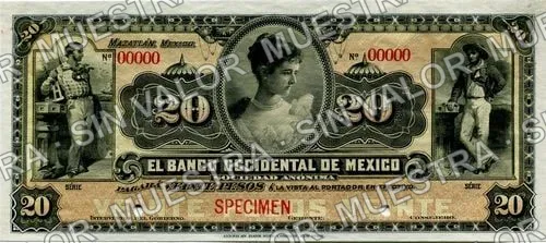 20 pesos, Banco Occidental de México (M497), anverso (M497s $20 Banco Occidental de México specimen)