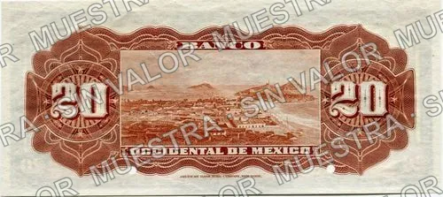20 pesos, Banco Occidental de México (M497), reverso (M497s $20 Banco Occidental de México specimen)