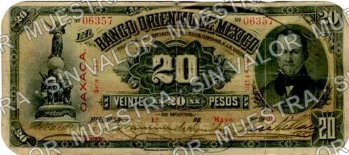 20 pesos, Banco Oriental de México (M462), anverso (M462d $20 overprinted OAXACA)