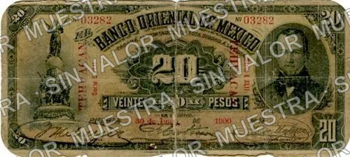 20 pesos, Banco Oriental de México (M462), M462e $20 overprinted TEHUACAN, anverso