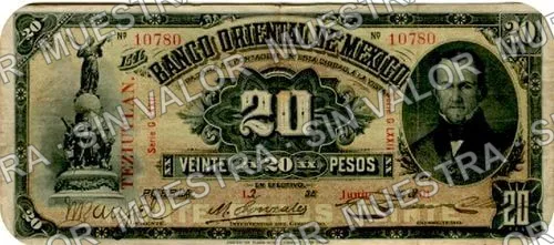20 pesos, Banco Oriental de México (M462), anverso (M462f $20 overprinted TEZUITLAN)