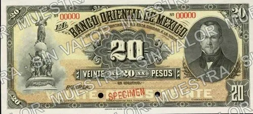 20 pesos, Banco Oriental de México (M462), M462s $20 Banco Oriental de México specimen, anverso
