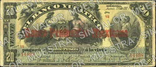 20 pesos, Banco Peninsular Mexicano (M556), anverso (M556a $20 Banco Peninsular Mexicano)