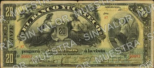20 pesos, Banco Peninsular Mexicano (M556), anverso (M556a $20 Banco Yucateco)
