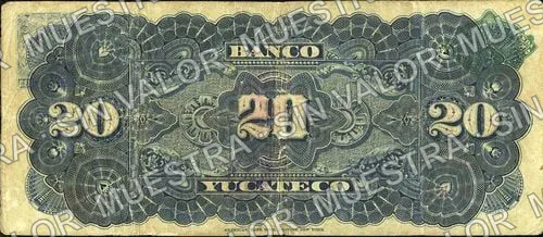 20 pesos, Banco Peninsular Mexicano (M556), reverso (M556a $20 Banco Peninsular Mexicano)
